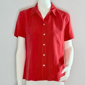 Vintage Rafaella Petites, Short Sleeve, Silk Button Down Shirt. Red. Size 12